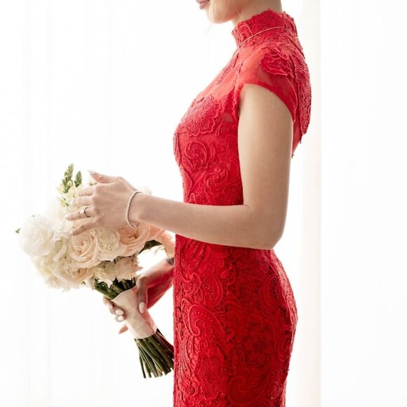 Custom Made Chinese Qipao Wedding Cheongsam Red Lace Beaded Full-length Dress - Picture 9 of 13